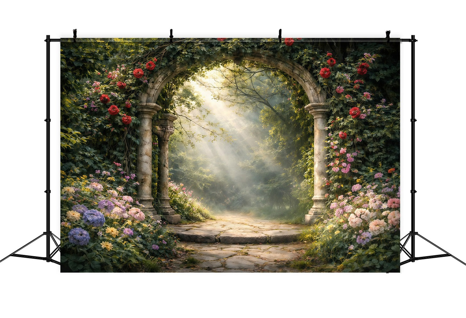 Enchanted Garden Backdrop Romantic Stone Arch Wildflowers Spring Backdrops LXX61-154