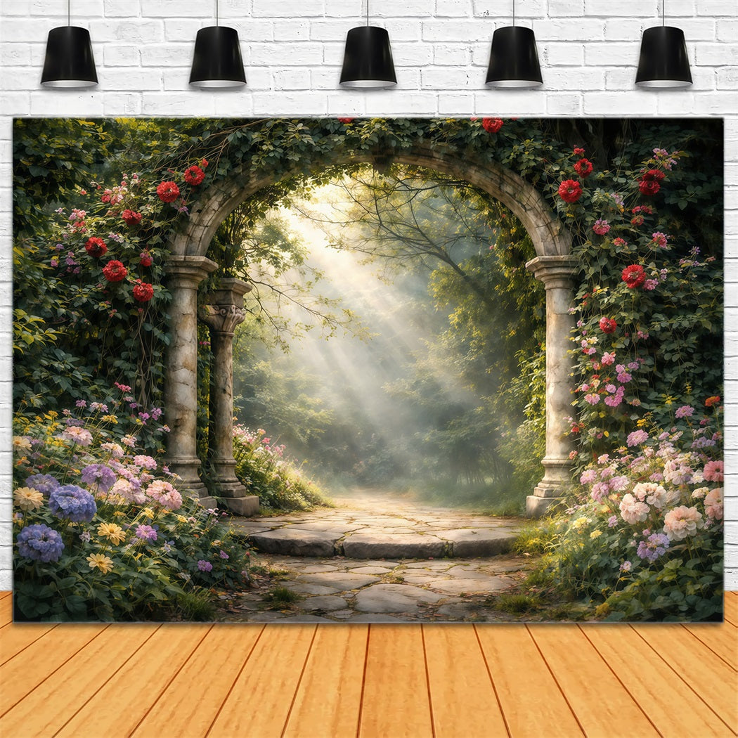 Enchanted Garden Backdrop Romantic Stone Arch Wildflowers Spring Backdrops LXX61-154