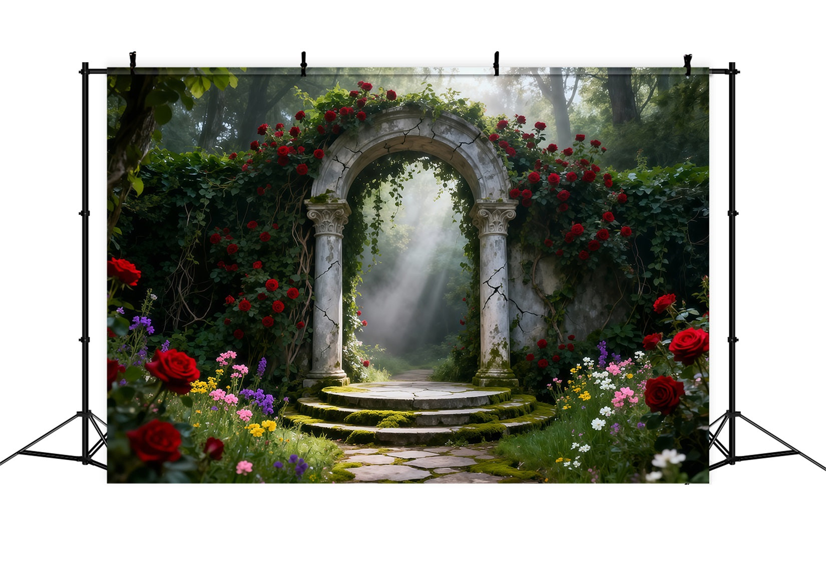 Enchanted Garden Backdrop Rose Garden Stone Arch Light Spring Backdrops LXX61-155