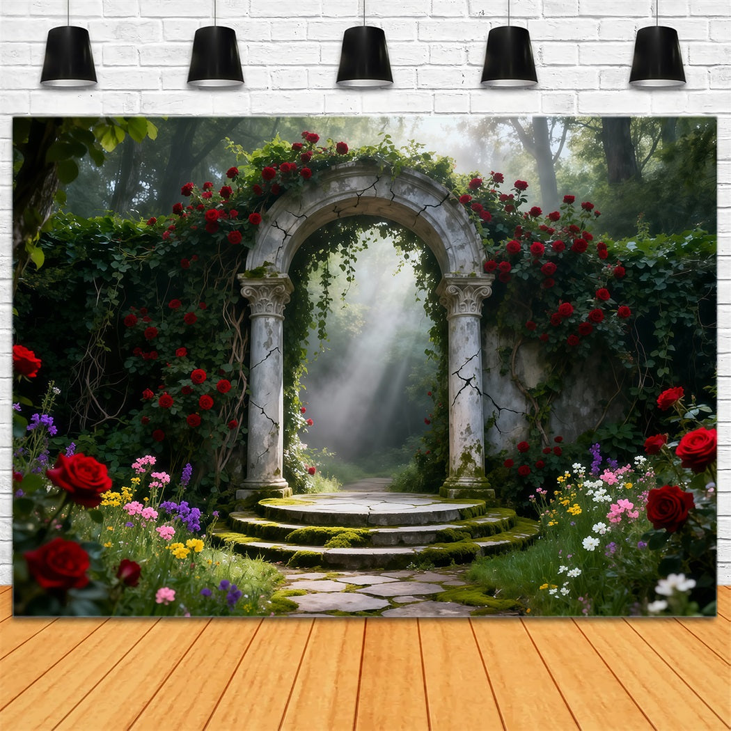 Enchanted Garden Backdrop Rose Garden Stone Arch Light Spring Backdrops LXX61-155