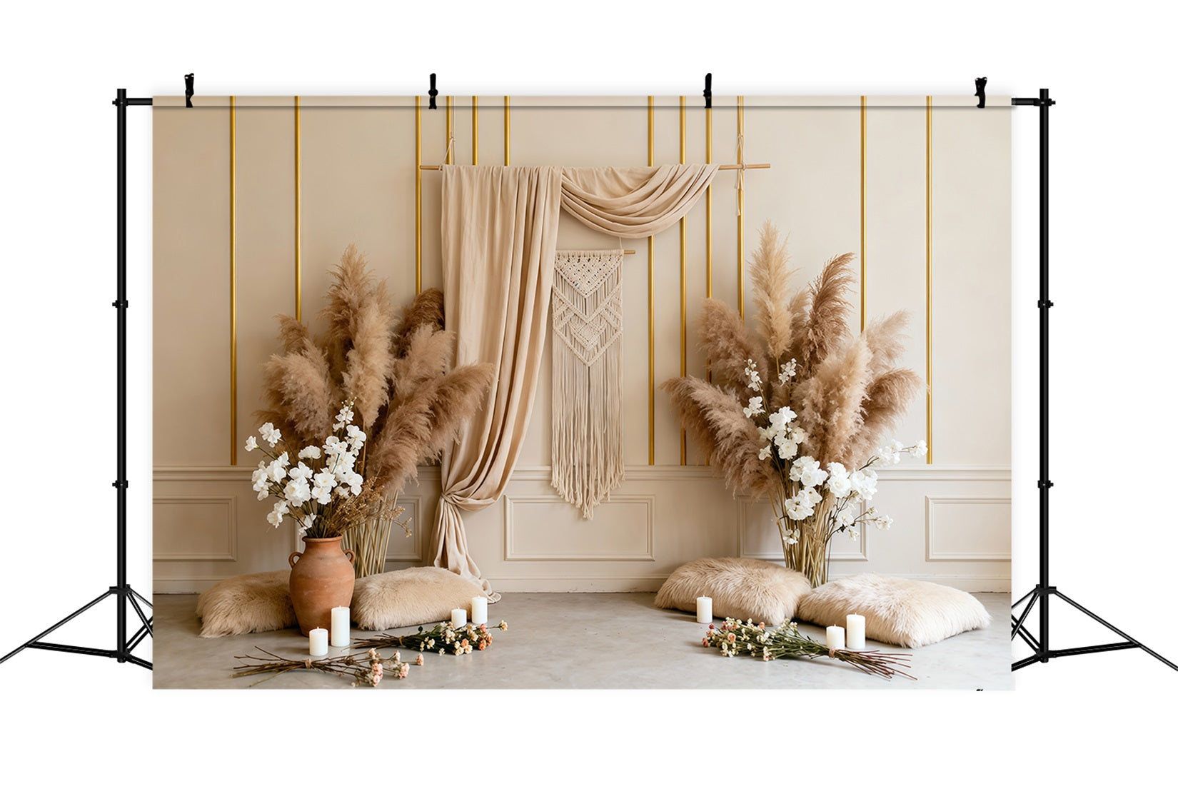 Pampas Grass Backdrop Boho Macrame White Flower Spring Backdrops For Photography LXX61-157