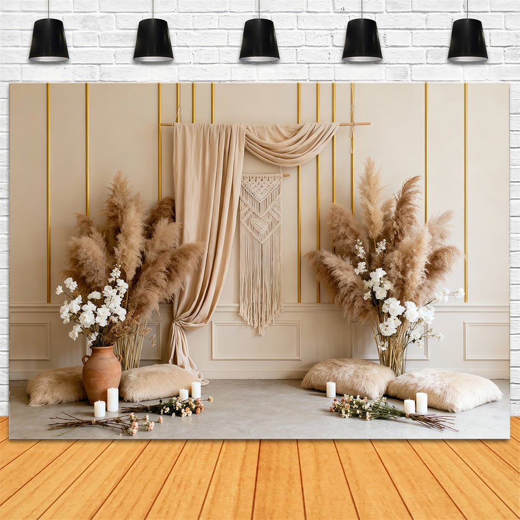 Pampas Grass Backdrop Boho Macrame White Flower Spring Backdrops For Photography LXX61-157