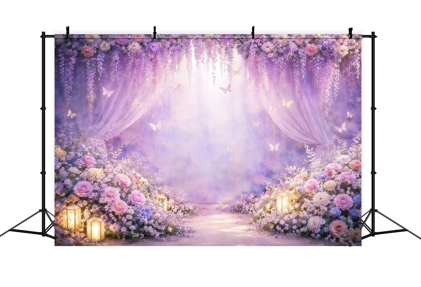 Butterfly Photo Backdrop Lavender Floral Purple Drape Spring Photo Backdrops LXX61-158