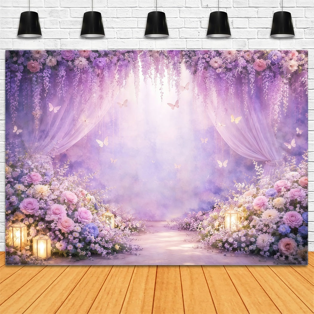 Butterfly Photo Backdrop Lavender Floral Purple Drape Spring Photo Backdrops LXX61-158