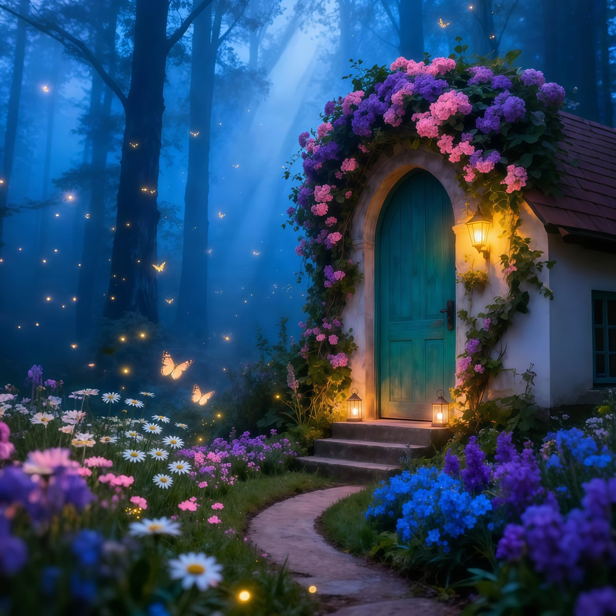 Butterfly Backdrop For Photoshoot Enchanted Cottage Lantern Glow Spring Photography Backdrops LXX61-159