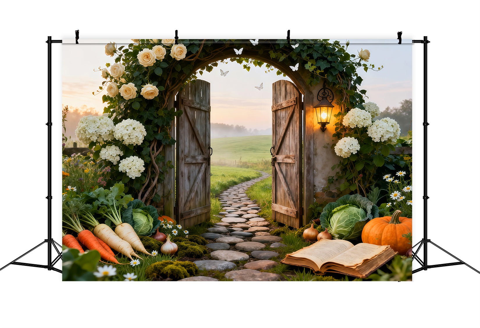 Garden Backdrop For Photoshoot Rustic Farm Gate Sunrise Meadow Spring Backdrop For Pictures LXX61-164