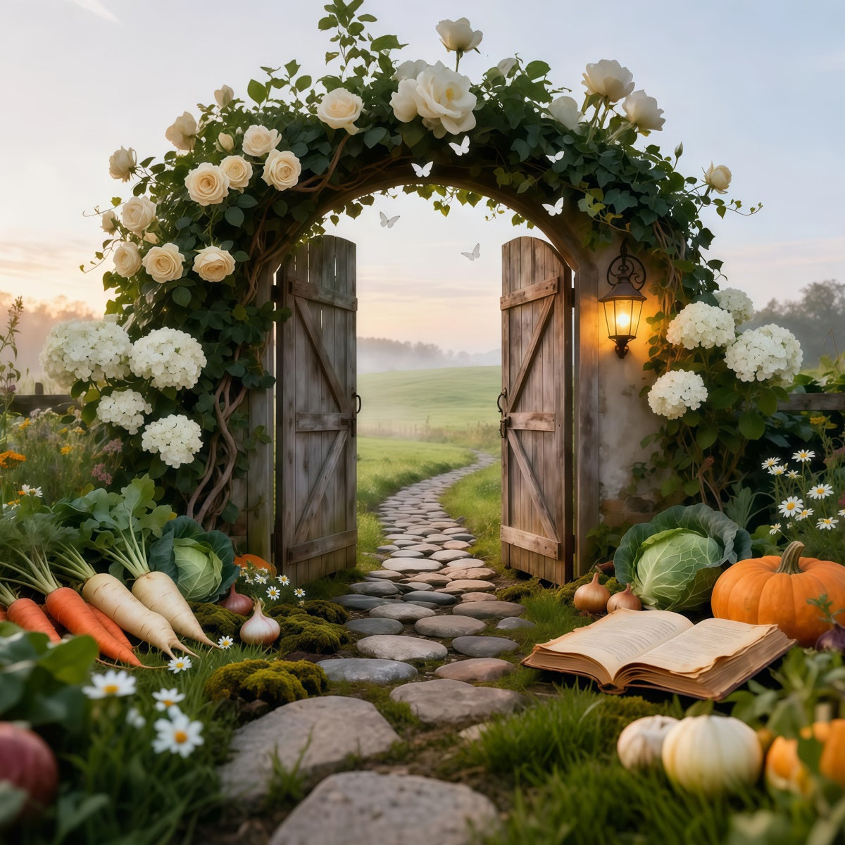 Garden Backdrop For Photoshoot Rustic Farm Gate Sunrise Meadow Spring Backdrop For Pictures LXX61-164