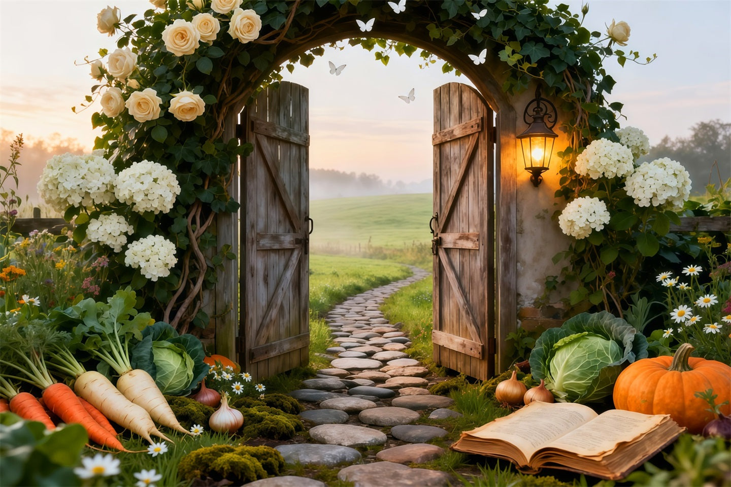 Garden Backdrop For Photoshoot Rustic Farm Gate Sunrise Meadow Spring Backdrop For Pictures LXX61-164