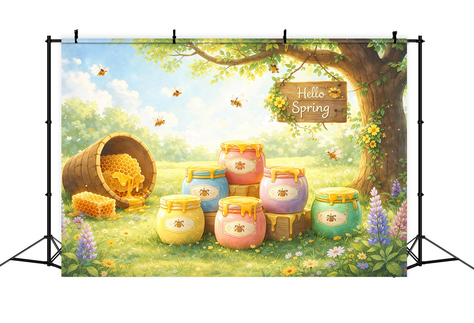 Bee Backdrop Honey Jar Garden Illustration Backdrop Spring LXX61-165