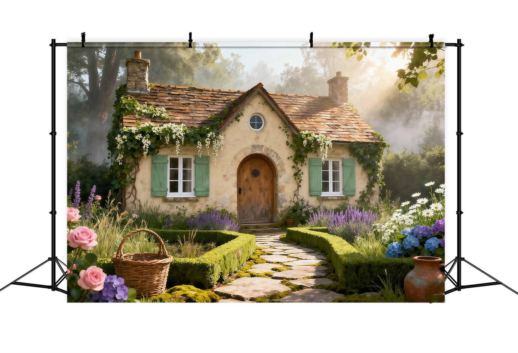 English Garden Backdrop Rustic Cottage Stone Path Spring Photography Backdrop LXX61-168