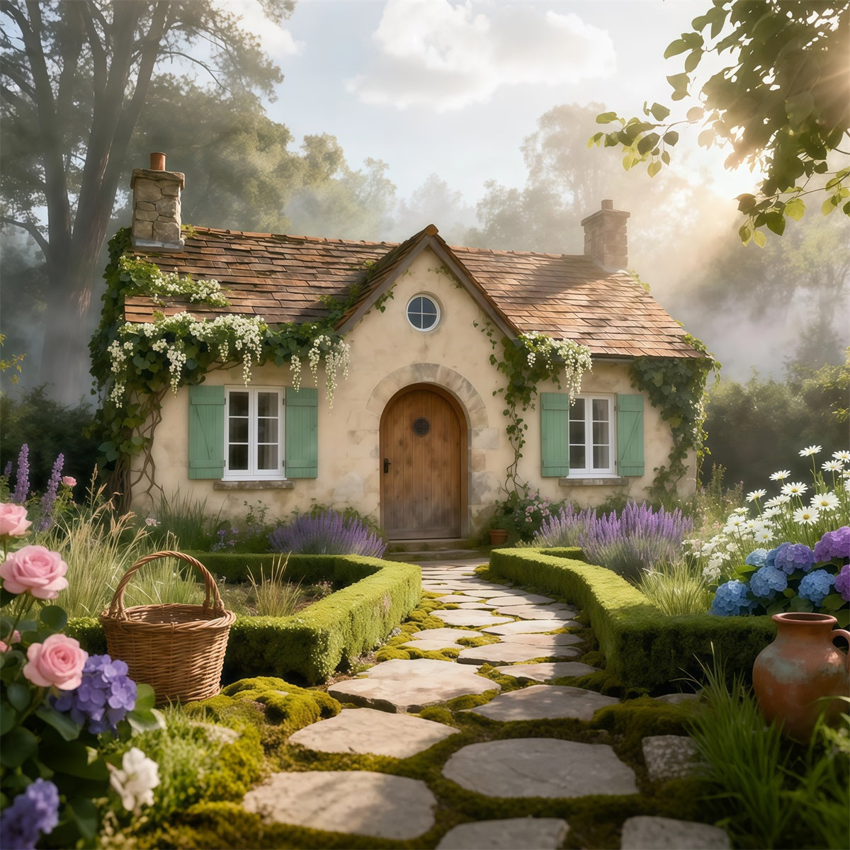 English Garden Backdrop Rustic Cottage Stone Path Spring Photography Backdrop LXX61-168
