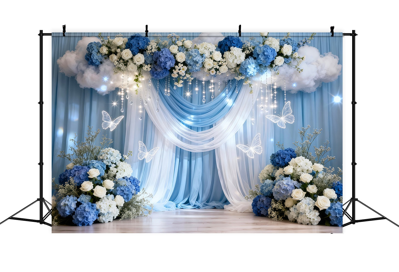 Butterflies Backdrop Blue White Drape Cloud Flower Springtime Backdrop LXX61-169