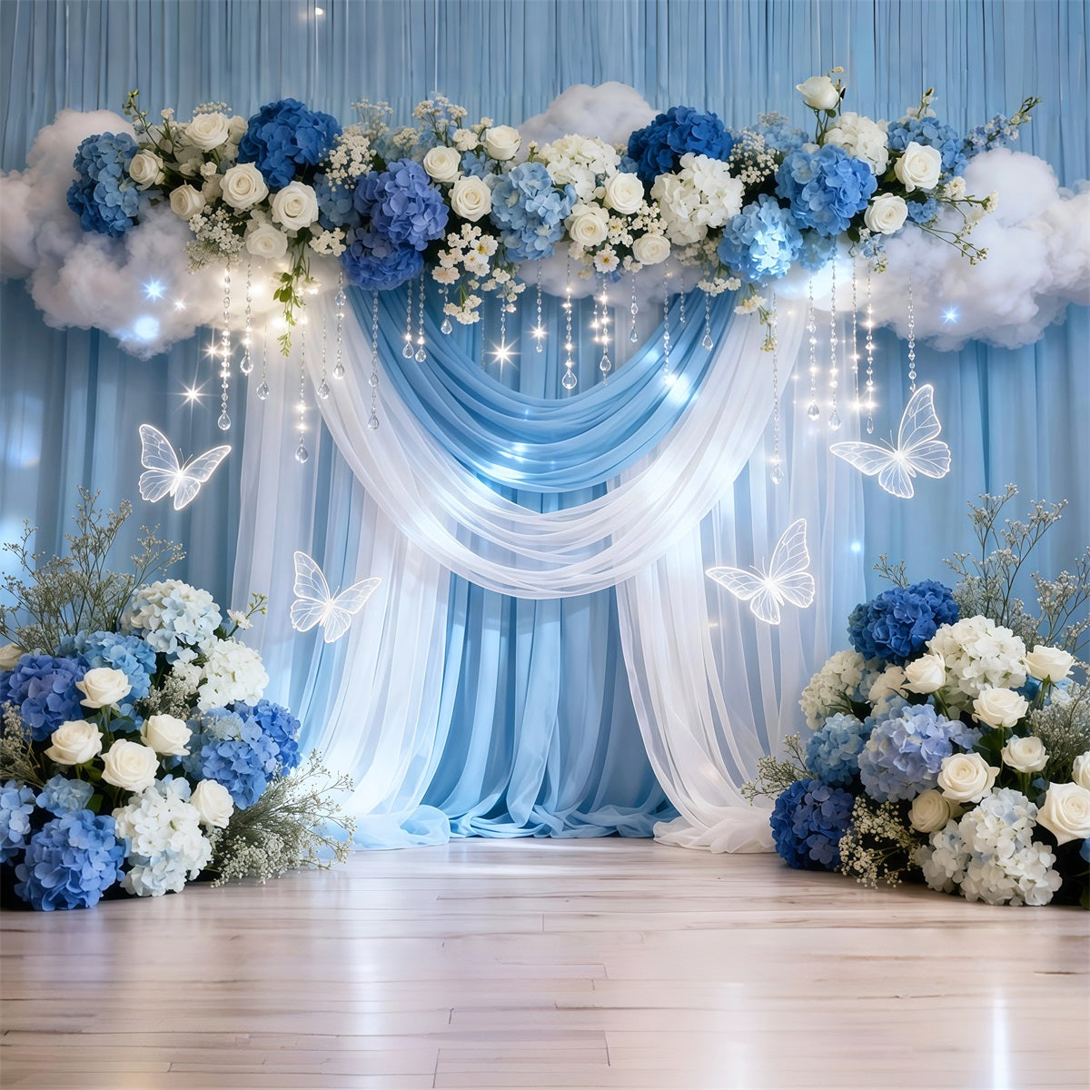 Butterflies Backdrop Blue White Drape Cloud Flower Springtime Backdrop LXX61-169