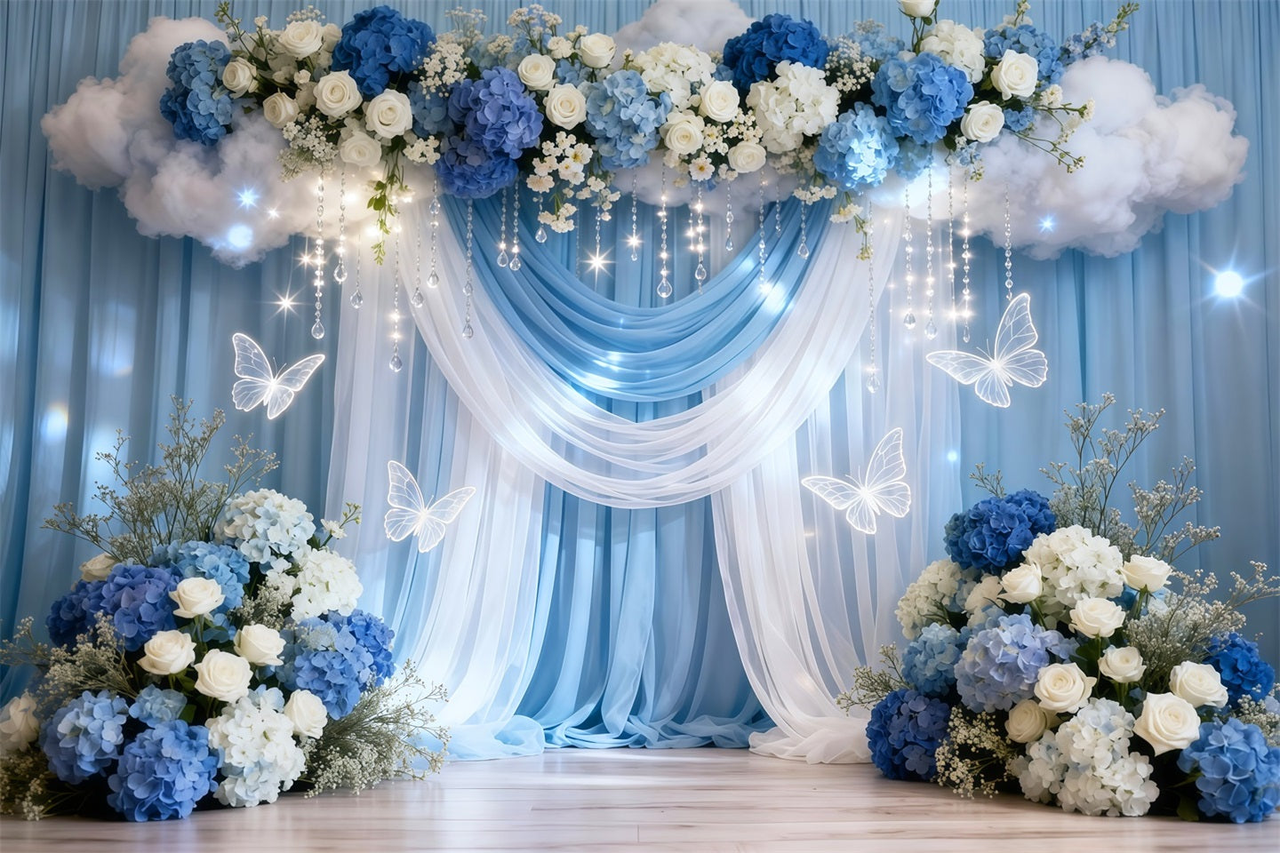 Butterflies Backdrop Blue White Drape Cloud Flower Springtime Backdrop LXX61-169