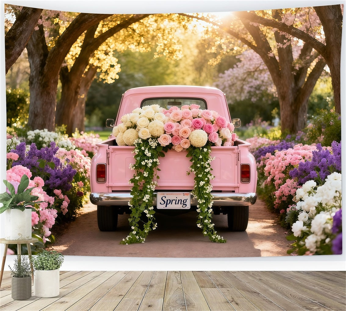 Garden Backdrop Ideas Blossom Tunnel Pink Vintage Truck Photo Backdrop Spring LXX61-170