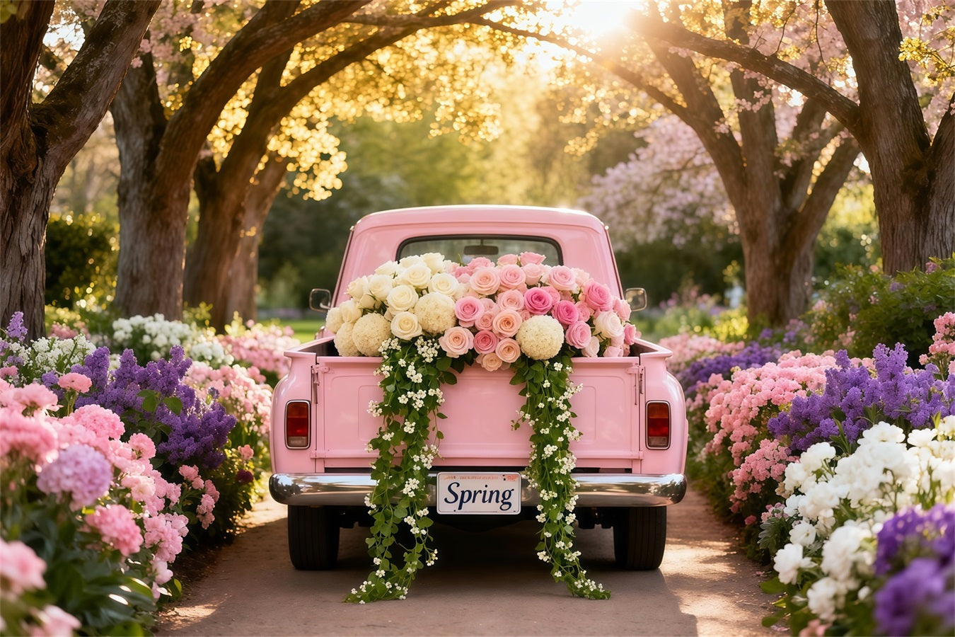 Garden Backdrop Ideas Blossom Tunnel Pink Vintage Truck Photo Backdrop Spring LXX61-170
