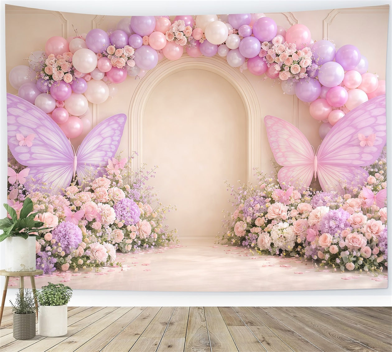 Monarch Butterfly Backdrop Pastel Balloon Arch Wall Flowers Springtime Backdrops LXX61-171