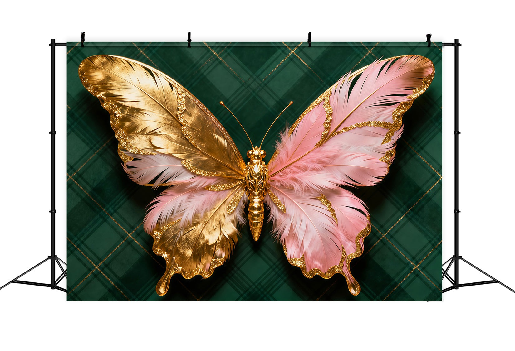 Butterfly Wings Backdrop Golden Pink Feather Emblem Spring Picture Backdrop LXX61-174