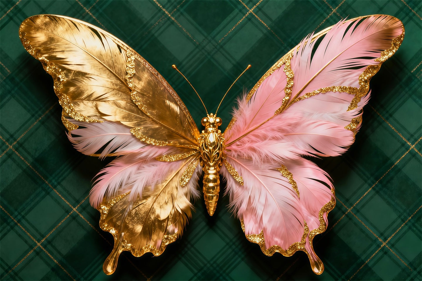 Butterfly Wings Backdrop Golden Pink Feather Emblem Spring Picture Backdrop LXX61-174