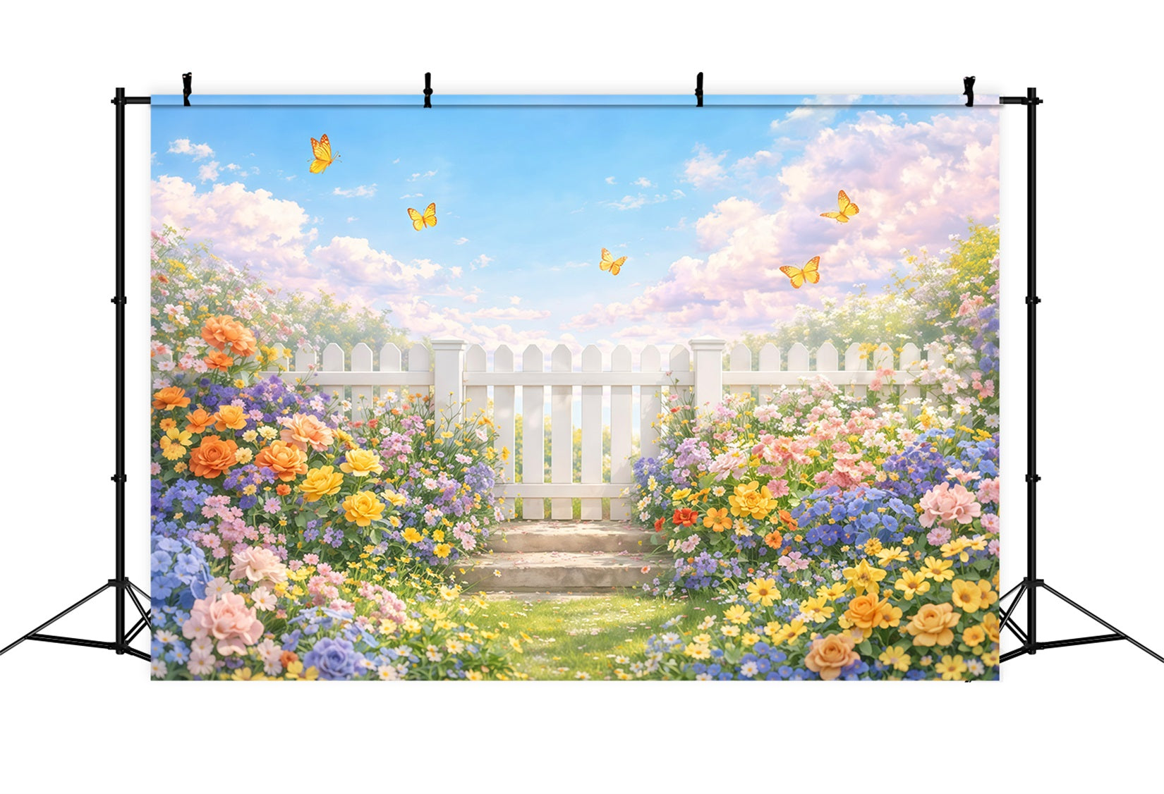 Wildflower Backdrop White Fence Garden Butterfly Floral Photo Backdrop LXX61-179