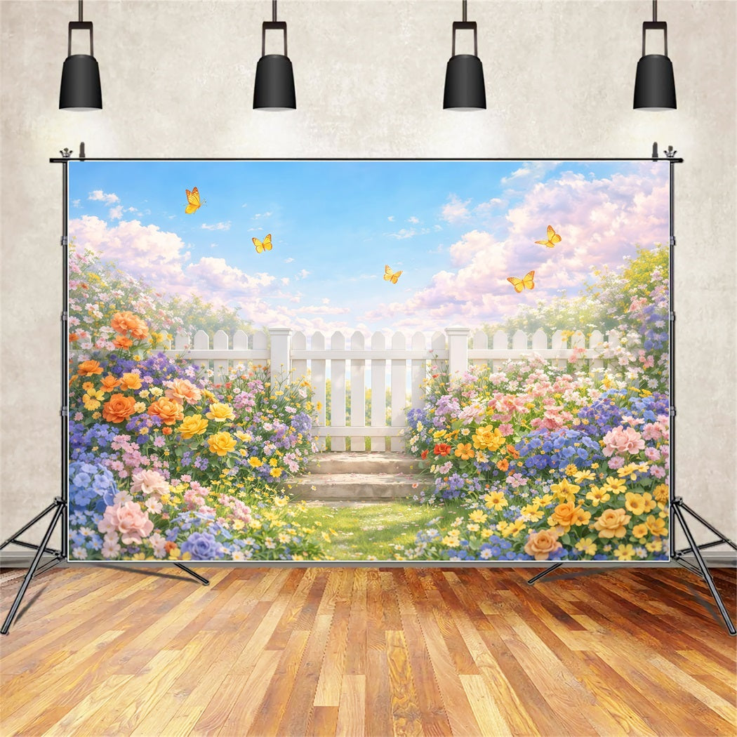Wildflower Backdrop White Fence Garden Butterfly Floral Photo Backdrop LXX61-179