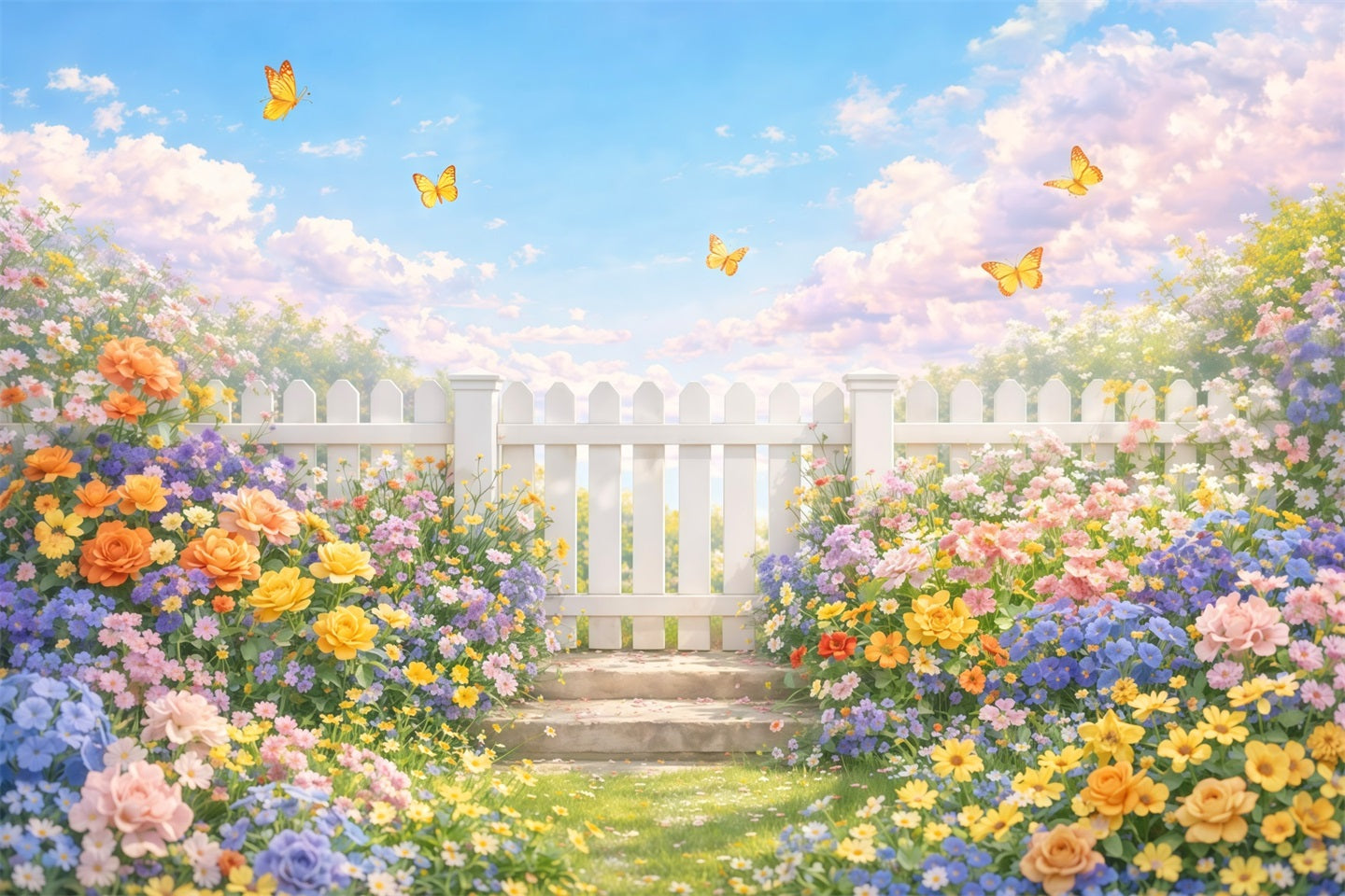 Wildflower Backdrop White Fence Garden Butterfly Floral Photo Backdrop LXX61-179