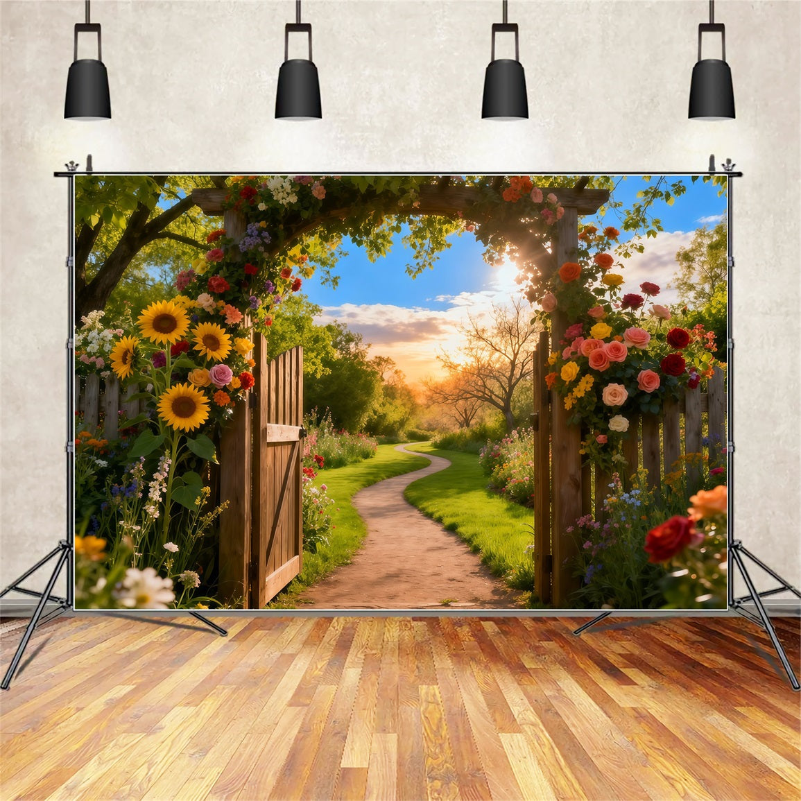 Garden Photo Backdrop Sunset Rustic Arch Door Pathway Floral Backdrops LXX61-180