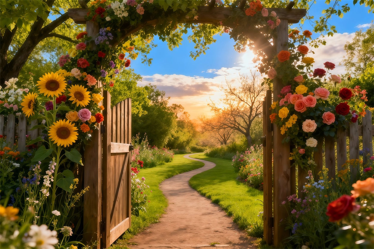 Garden Photo Backdrop Sunset Rustic Arch Door Pathway Floral Backdrops LXX61-180