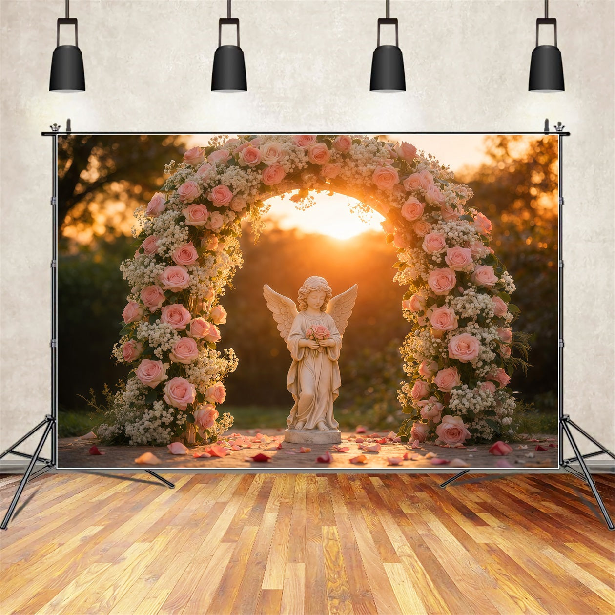 Garden Photo Backdrop Golden Hour Angel Roses Arch Floral Backdrops LXX61-182