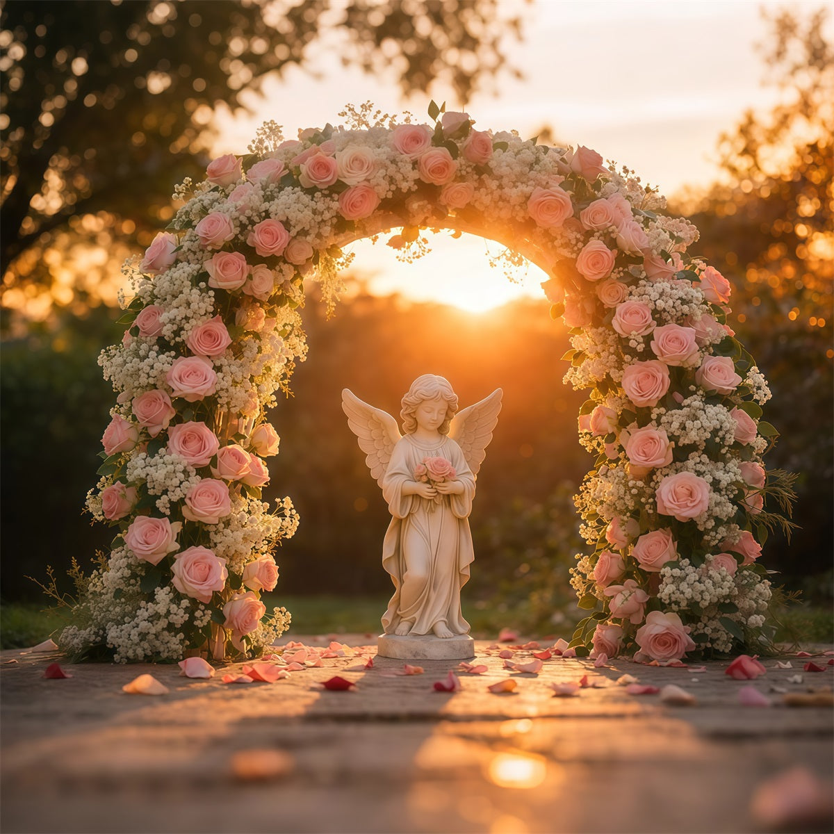 Garden Photo Backdrop Golden Hour Angel Roses Arch Floral Backdrops LXX61-182