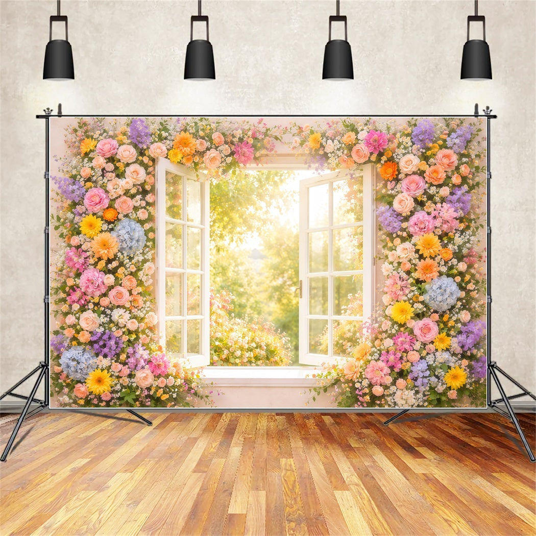 Wildflower Photo Backdrop Window Sunlit Garden Glow Floral Backdrops For Photography LXX61-183