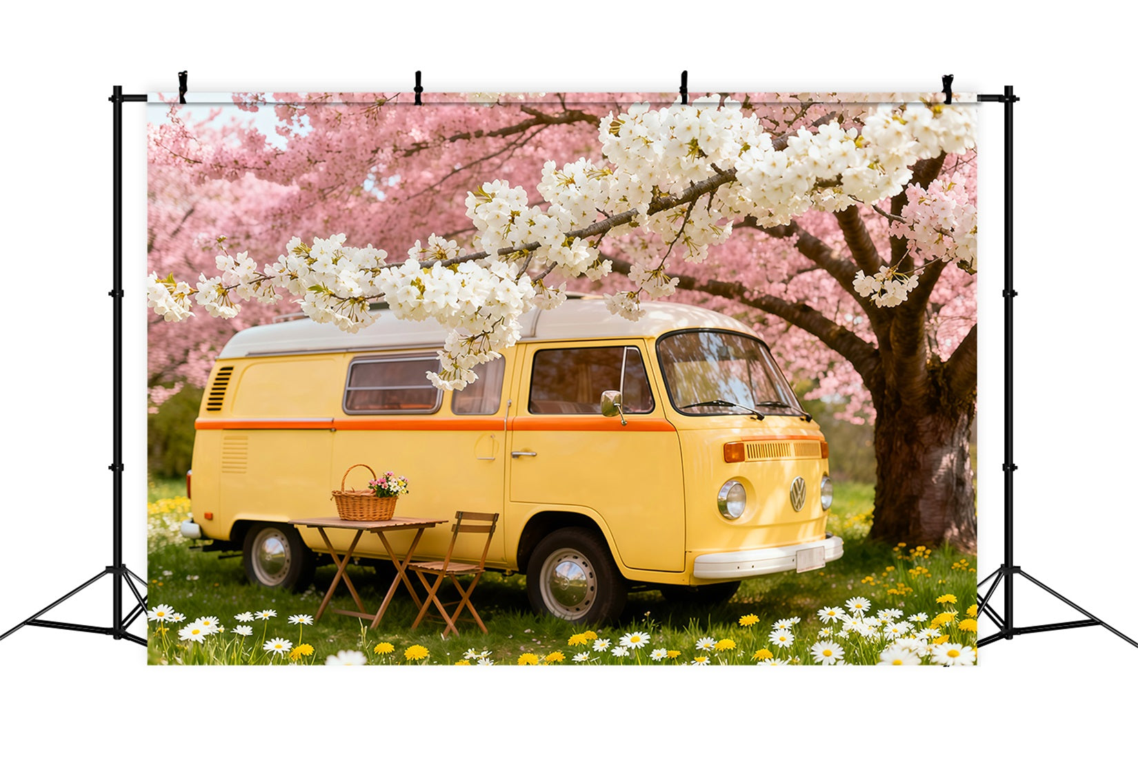 Wildflower Photo Backdrop Cherry Blossom Camper Picnic Floral Backdrops For Photography LXX61-184