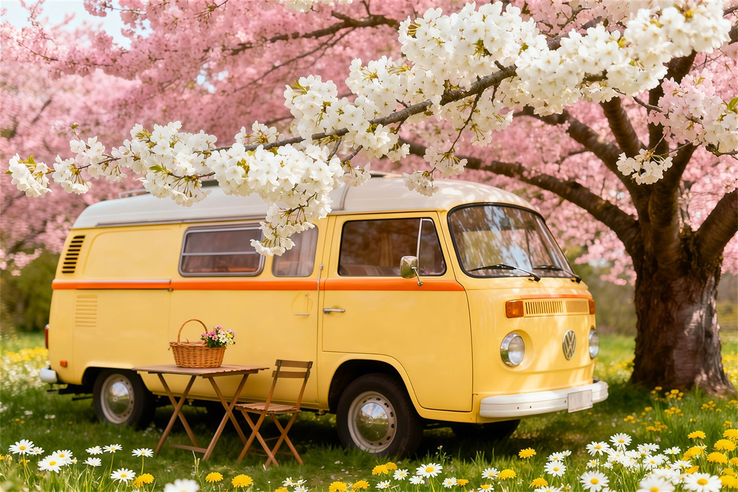 Wildflower Photo Backdrop Cherry Blossom Camper Picnic Floral Backdrops For Photography LXX61-184