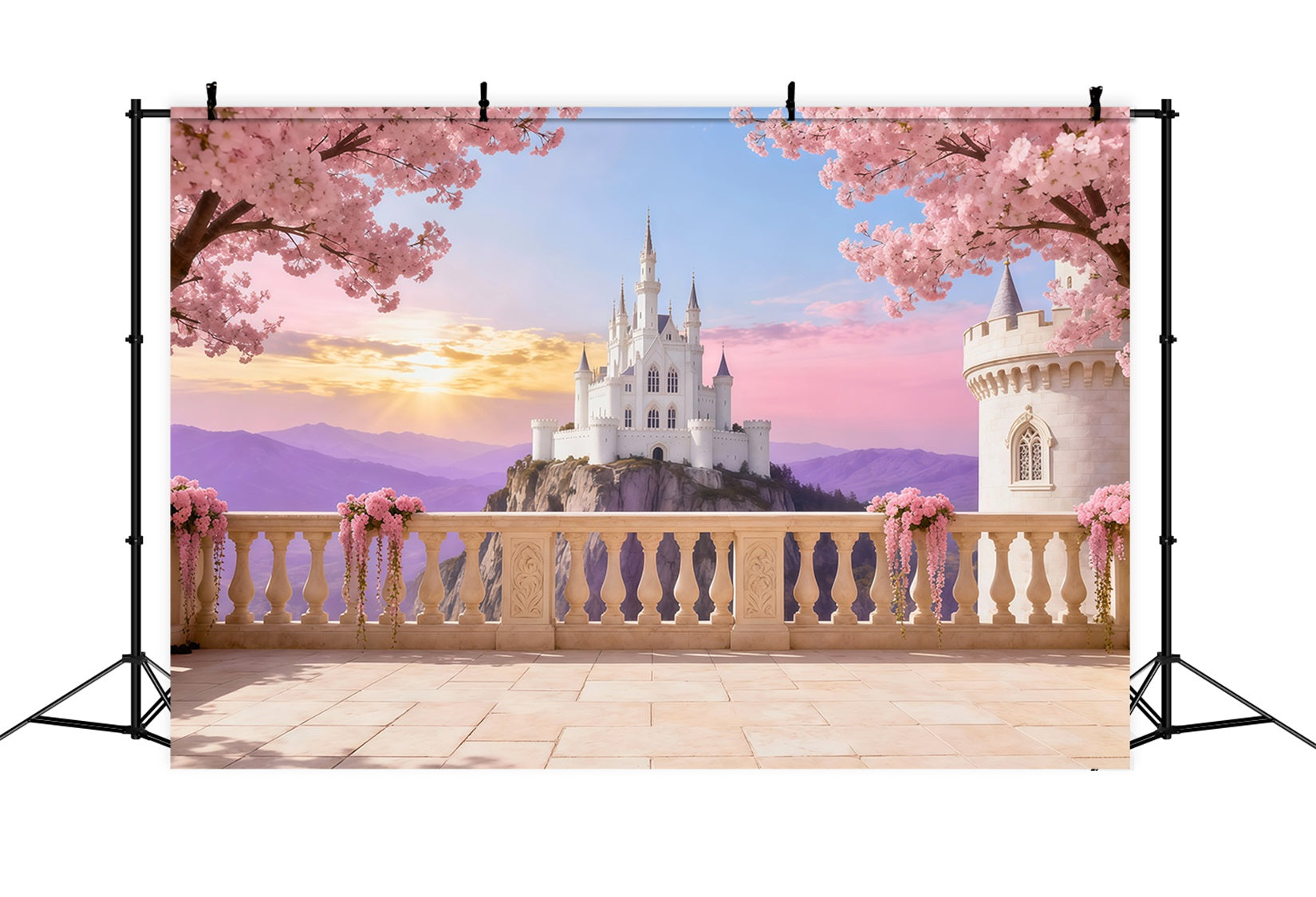 Cherry Blossom Photo Backdrop Castle Sunrise Terrace Floral Backdrop For Photography LXX61-191