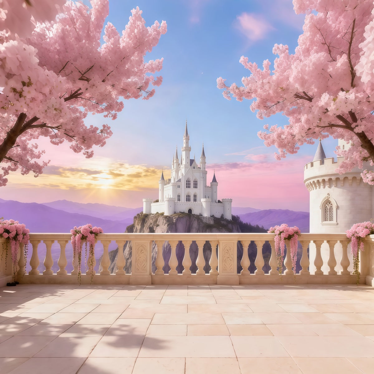 Cherry Blossom Photo Backdrop Castle Sunrise Terrace Floral Backdrop For Photography LXX61-191