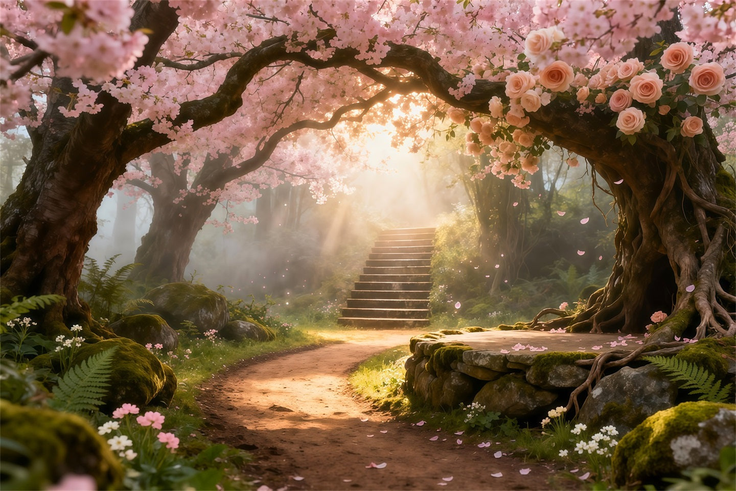 Cherry Blossom Photo Backdrop Flower Archway Sunlit Path Floral Backdrop For Photography LXX61-192