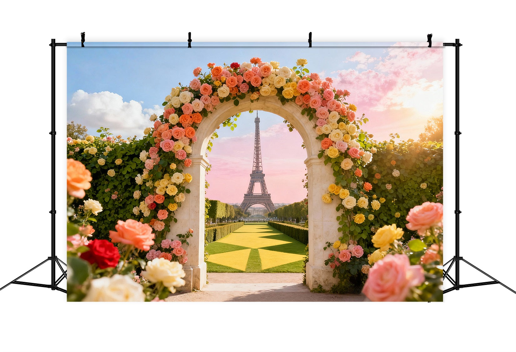 Rose Garden Backdrop Eiffel Tower Arch Door View Photo Backdrop Floral LXX61-193