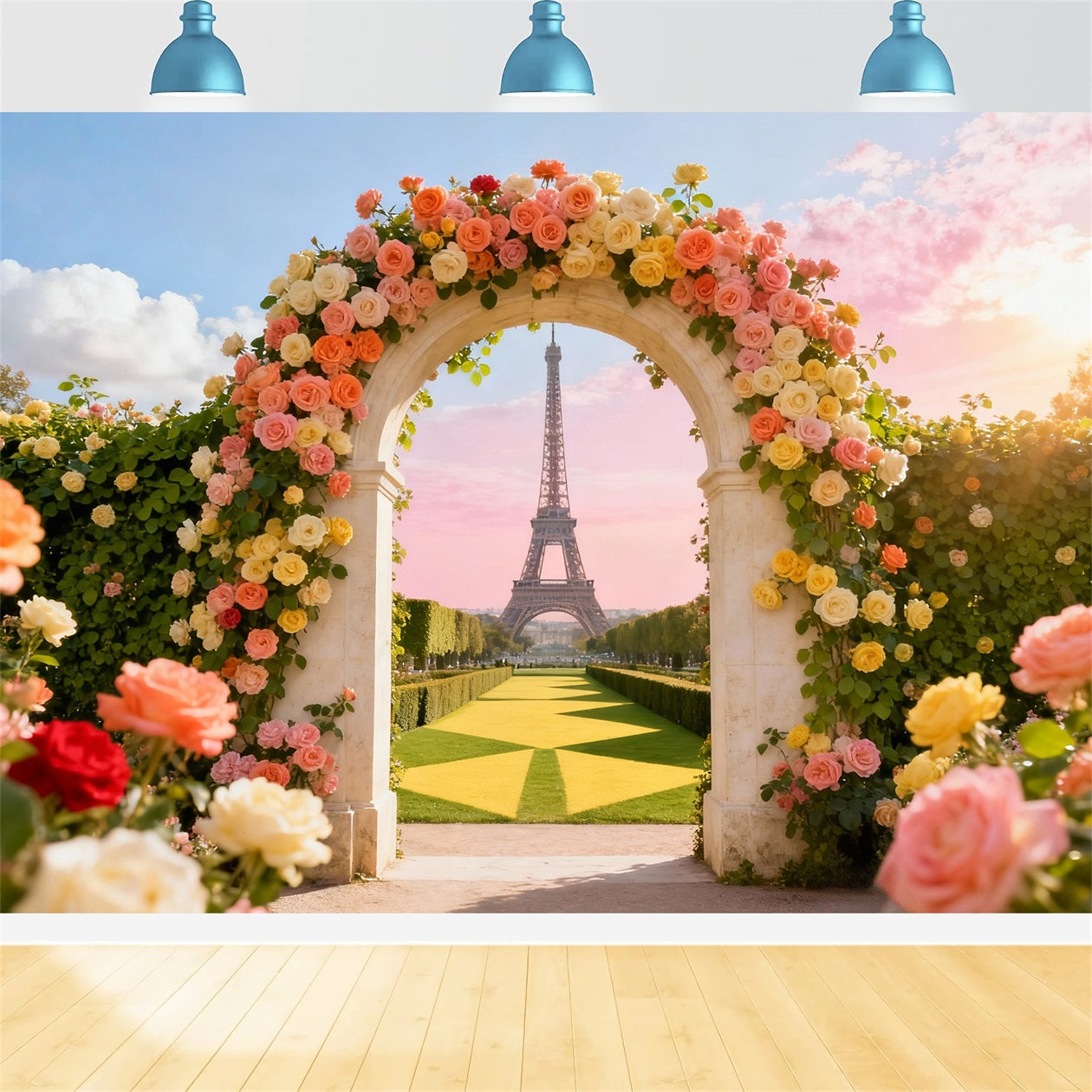 Rose Garden Backdrop Eiffel Tower Arch Door View Photo Backdrop Floral LXX61-193