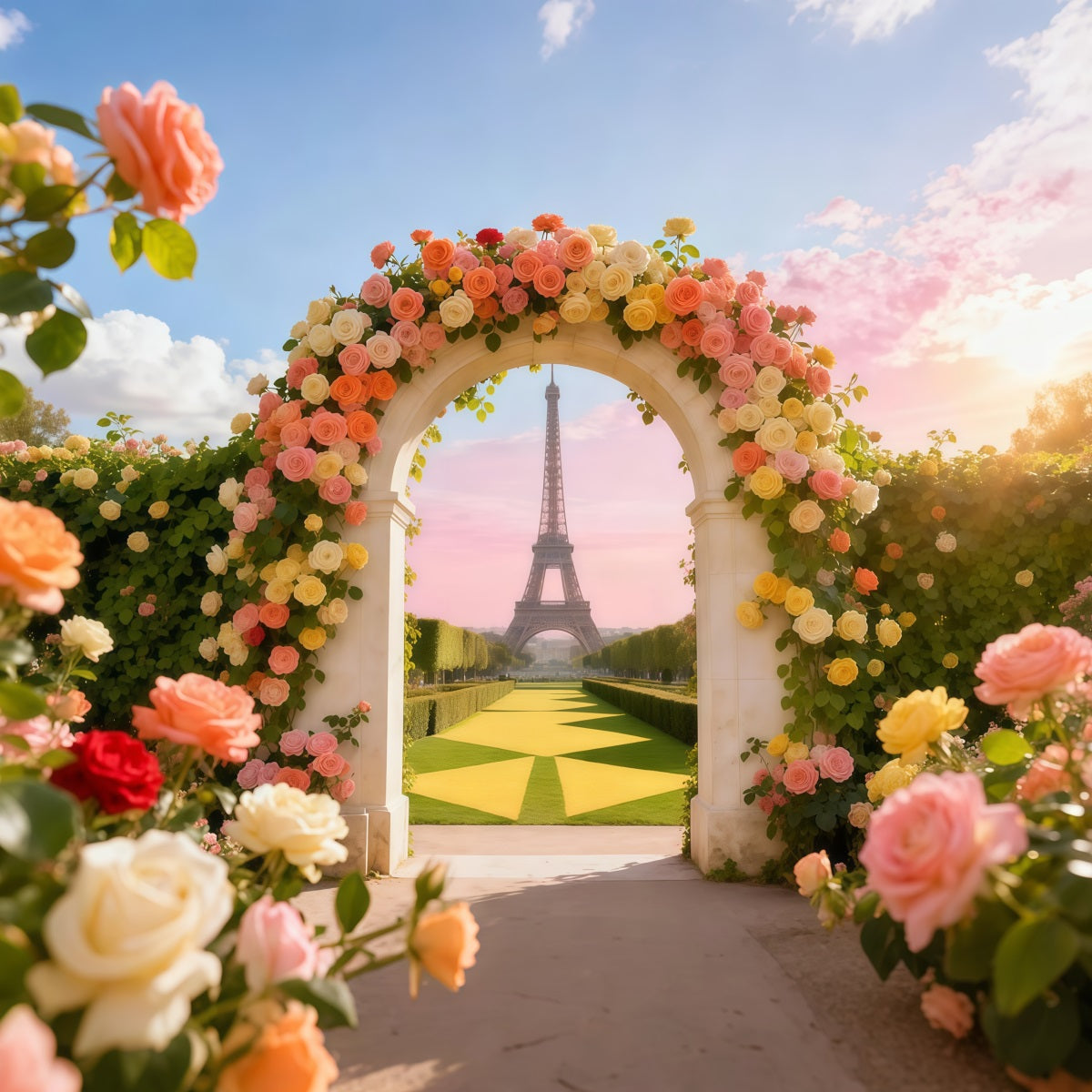 Rose Garden Backdrop Eiffel Tower Arch Door View Photo Backdrop Floral LXX61-193