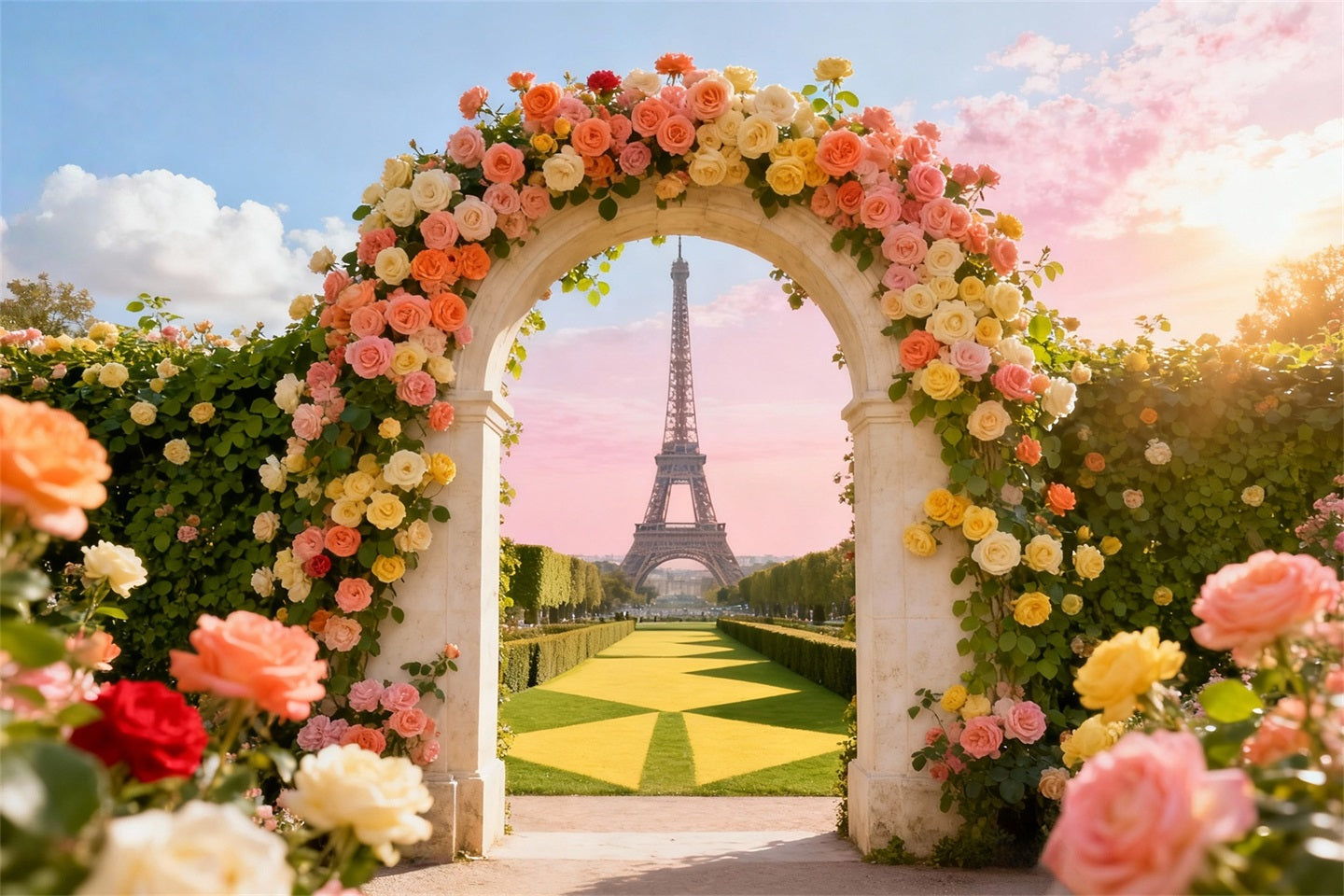Rose Garden Backdrop Eiffel Tower Arch Door View Photo Backdrop Floral LXX61-193