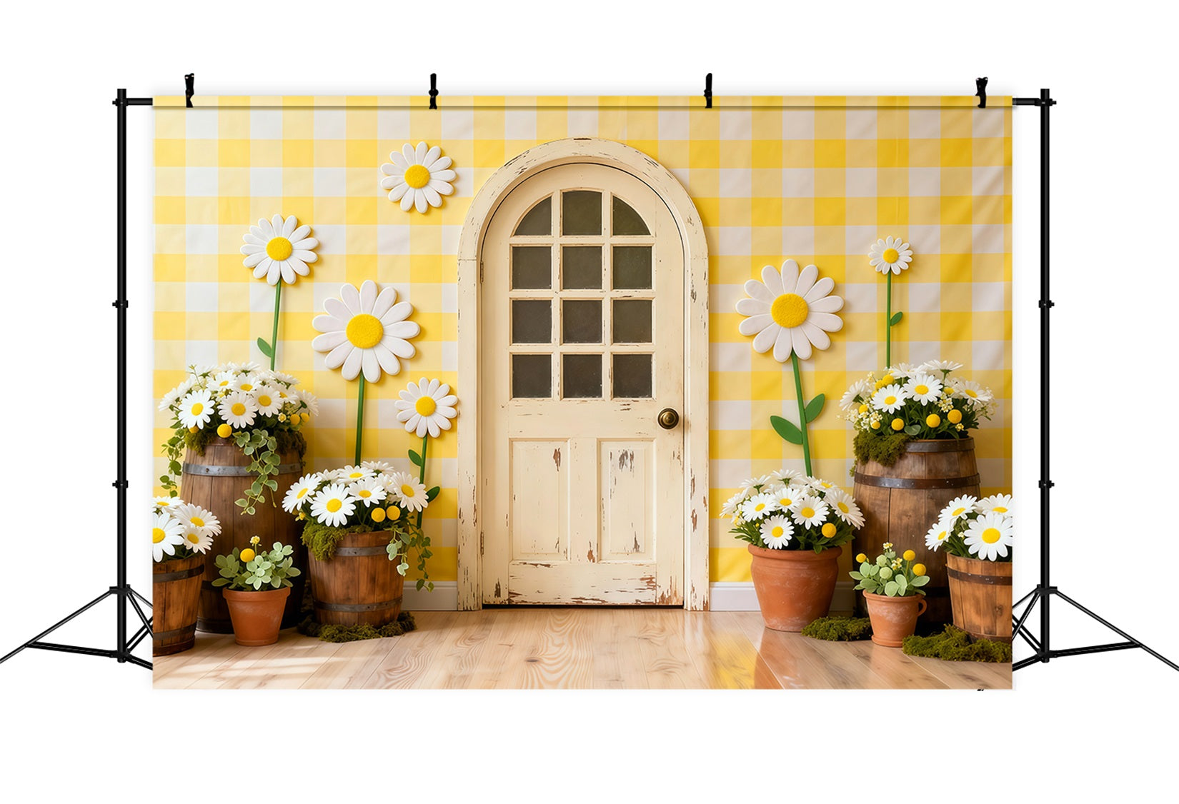 Daisy Backdrop Gingham Cottage Door Flower Wall Floral Garland Backdrop LXX61-198