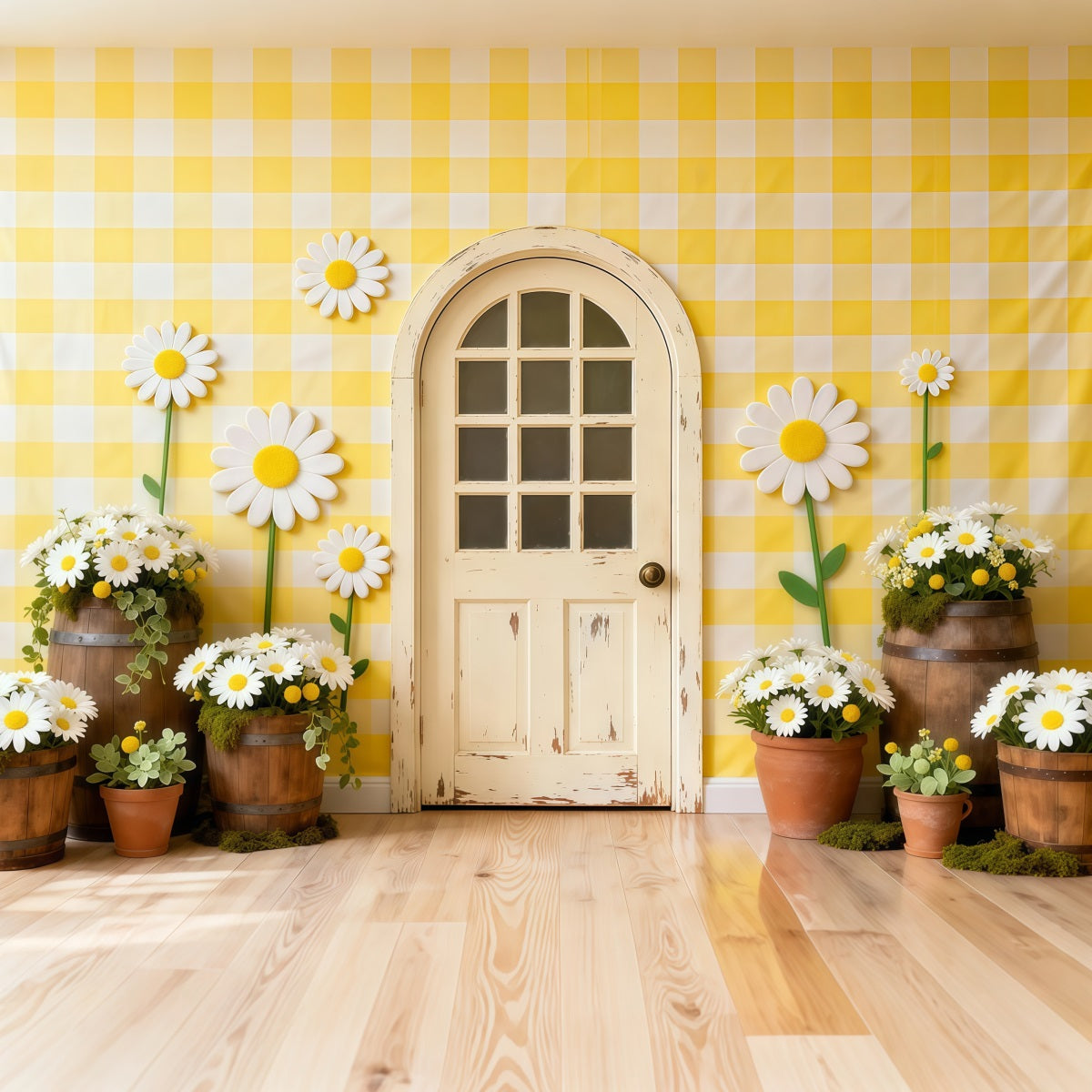 Daisy Backdrop Gingham Cottage Door Flower Wall Floral Garland Backdrop LXX61-198