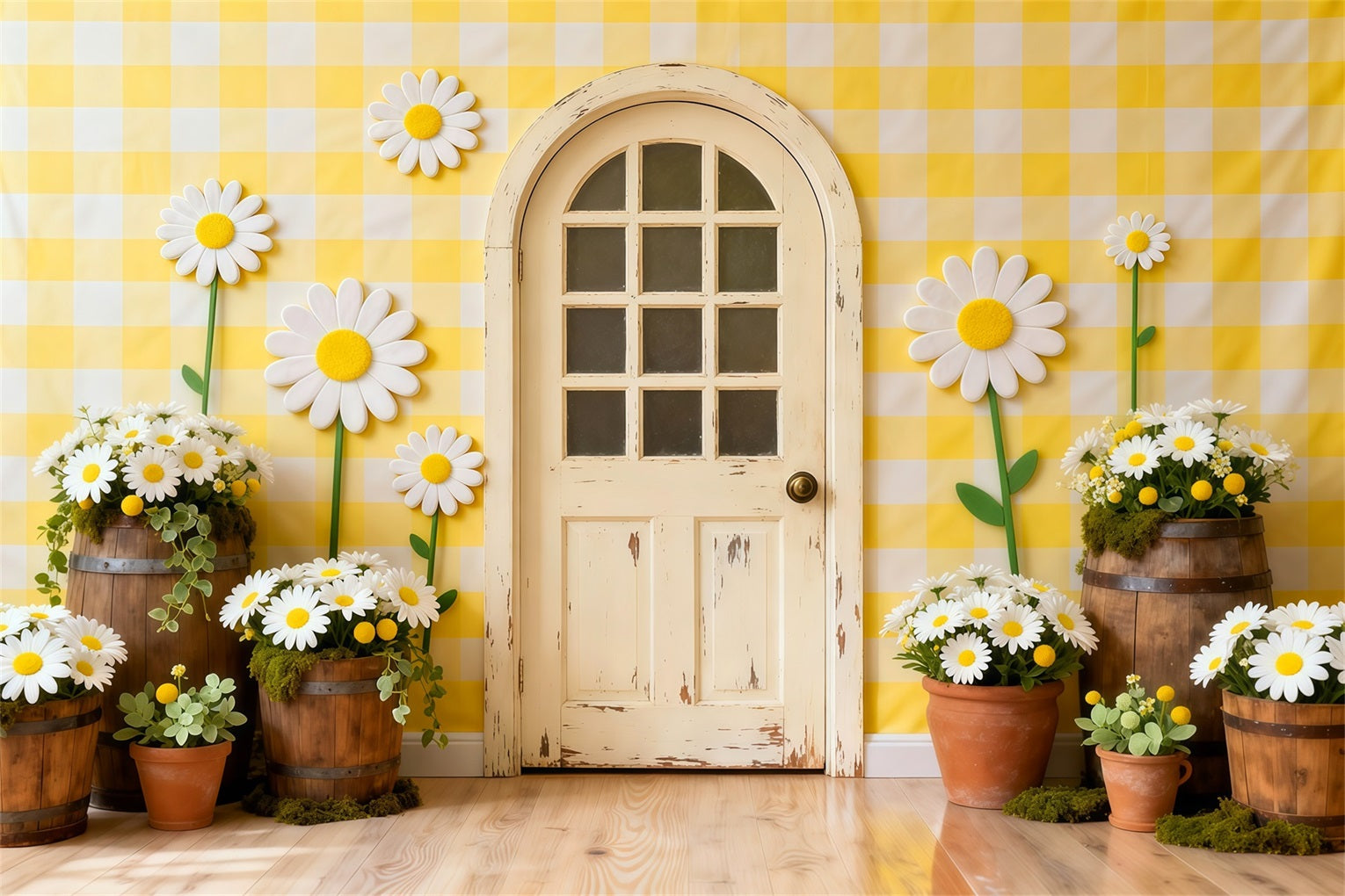Daisy Backdrop Gingham Cottage Door Flower Wall Floral Garland Backdrop LXX61-198