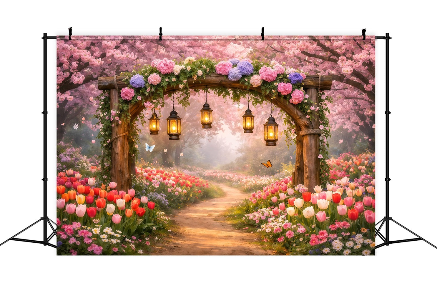 Cherry Blossom Backdrops Lantern Garden Pink Flower Path Backdrop Floral LXX61-202
