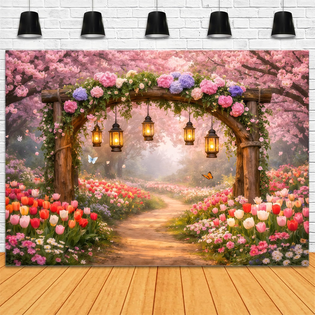 Cherry Blossom Backdrops Lantern Garden Pink Flower Path Backdrop Floral LXX61-202