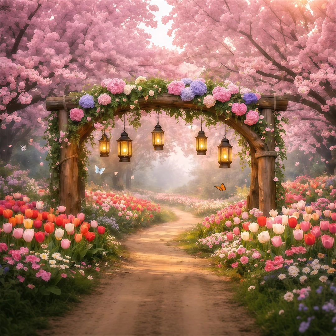 Cherry Blossom Backdrops Lantern Garden Pink Flower Path Backdrop Floral LXX61-202