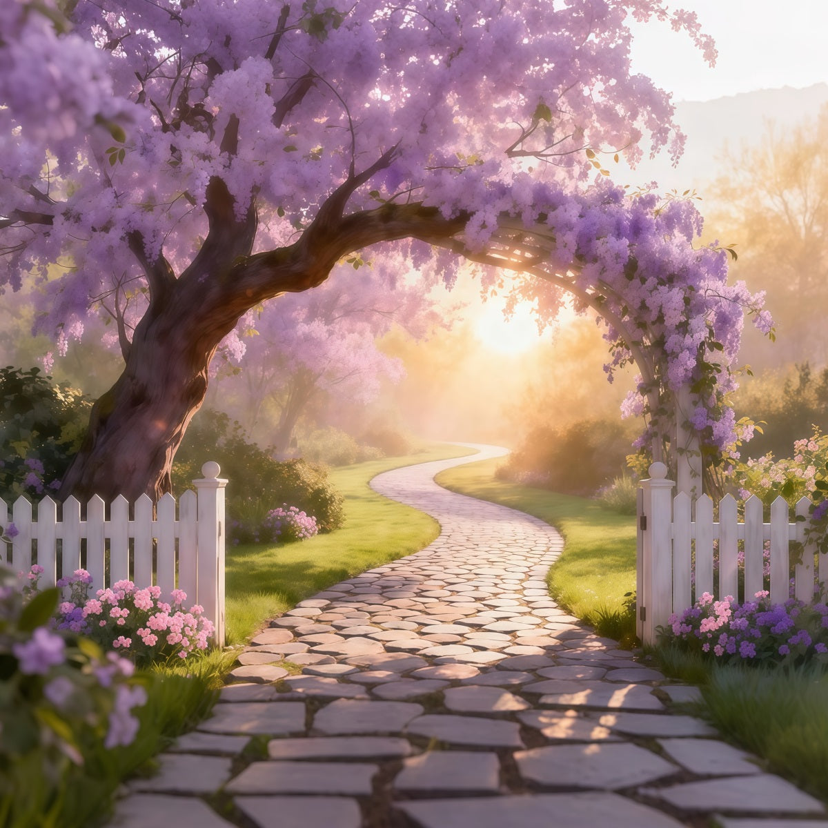 Spring Flower Backdrop Wisteria Arch Sunlit Path Floral Garden Backdrop LXX61-205