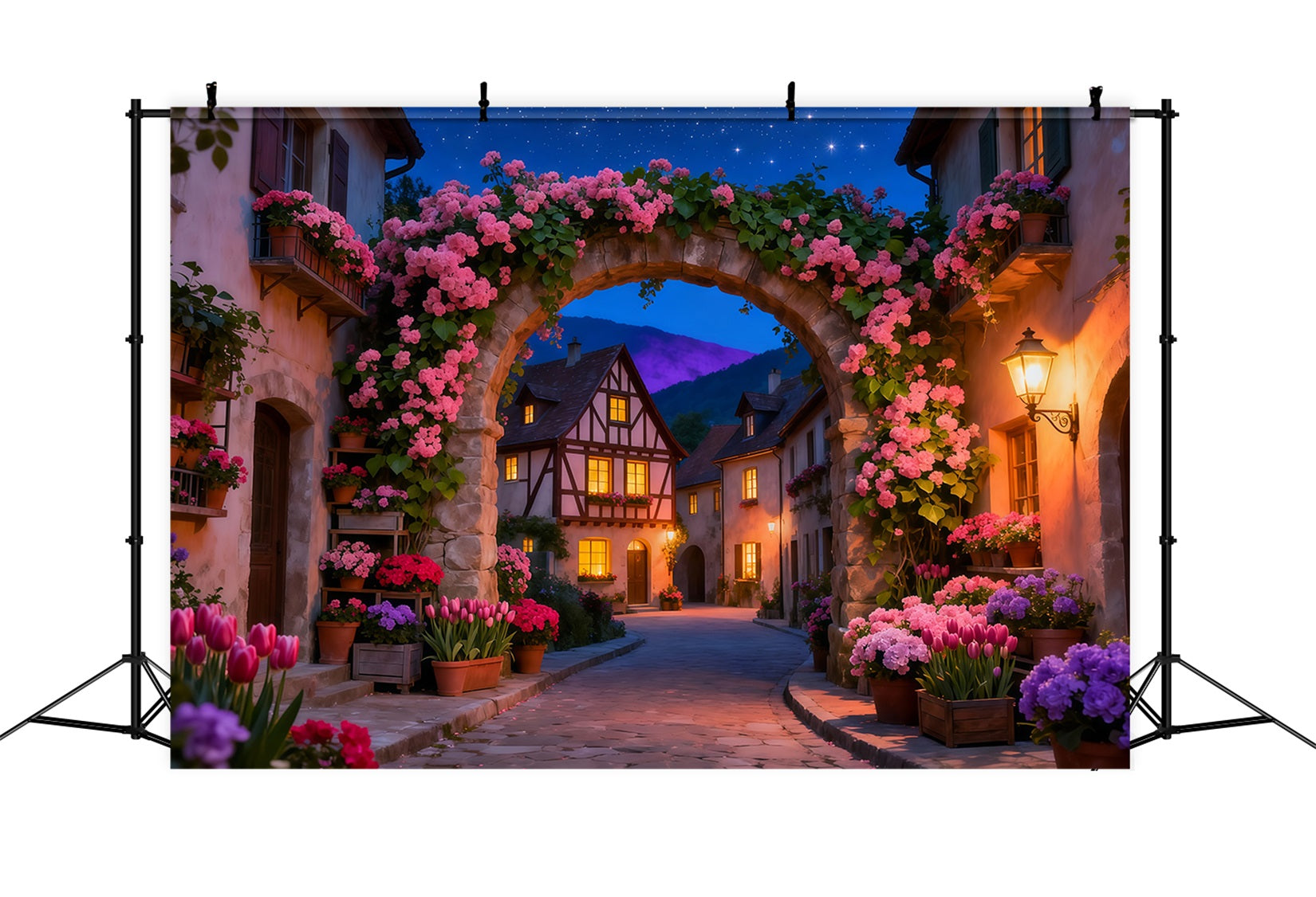 Enchanted Garden Photo Backdrop Twilight Village Flower Arch Floral Fabric Backdrop LXX61-210