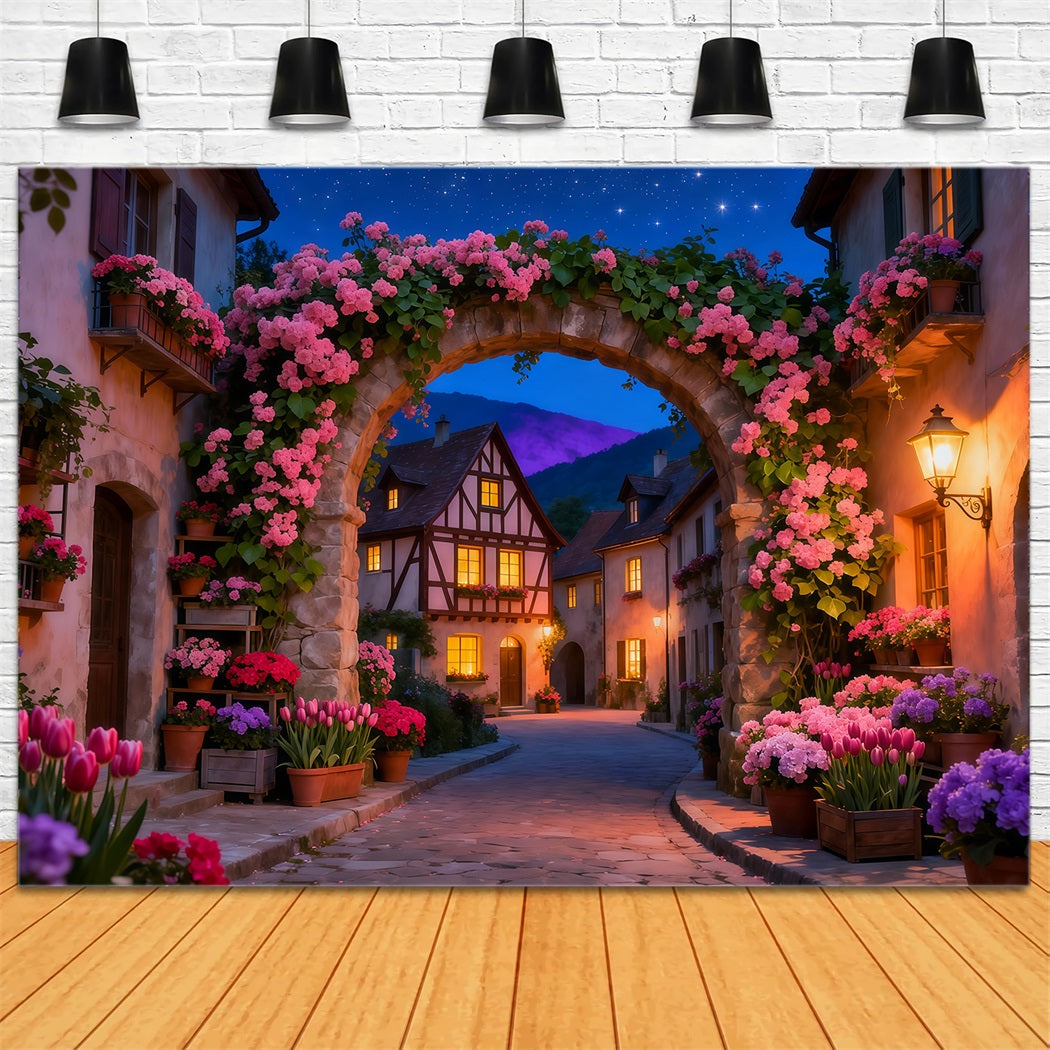 Enchanted Garden Photo Backdrop Twilight Village Flower Arch Floral Fabric Backdrop LXX61-210