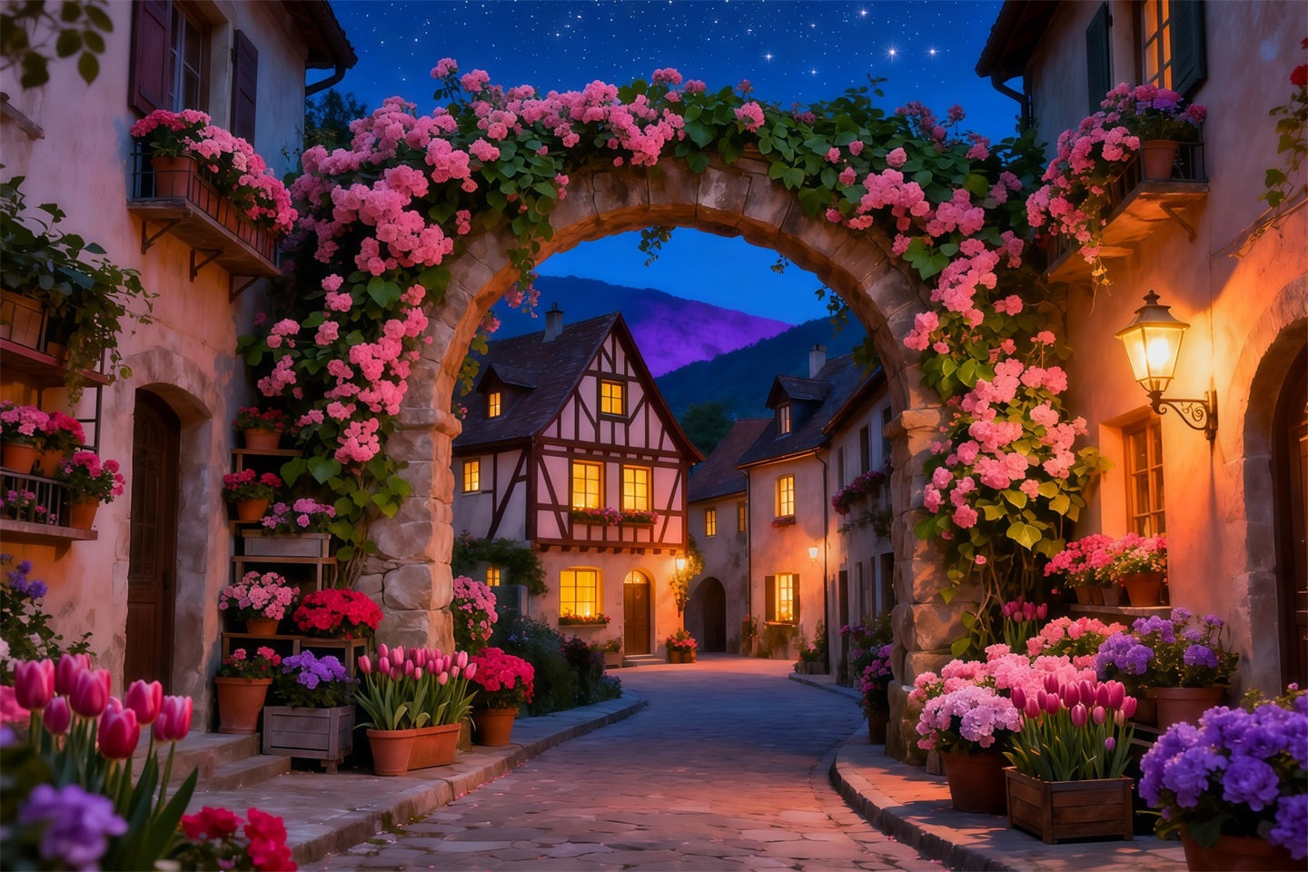 Enchanted Garden Photo Backdrop Twilight Village Flower Arch Floral Fabric Backdrop LXX61-210